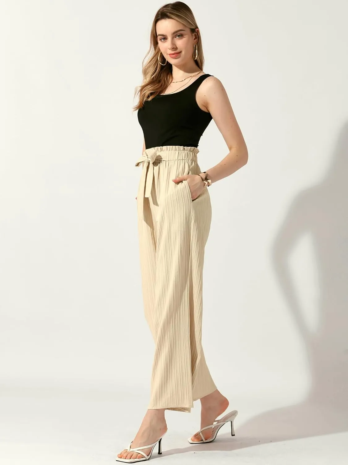 Allegra K Women's Casual Office Wide Leg Pants Elastic Waist Tie Knot Pleated Trouser with Pockets