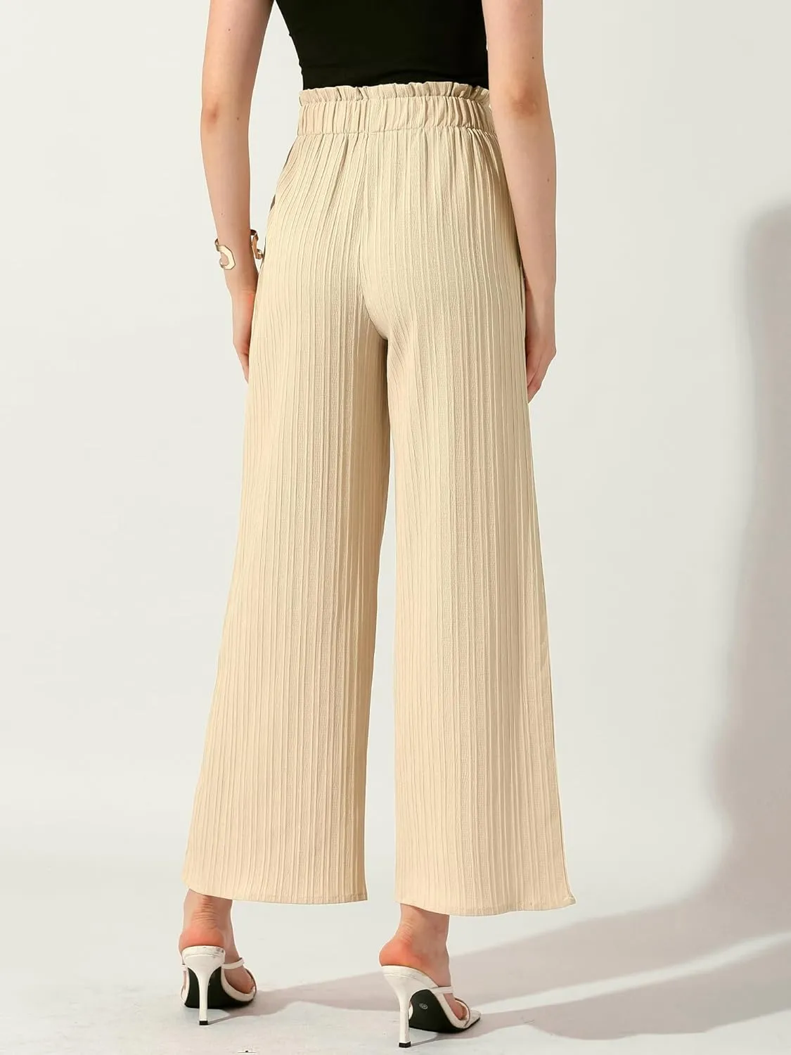 Allegra K Women's Casual Office Wide Leg Pants Elastic Waist Tie Knot Pleated Trouser with Pockets