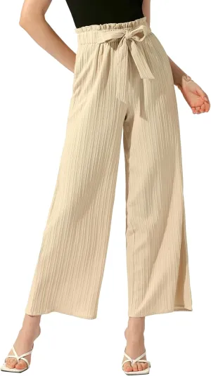 Allegra K Women's Casual Office Wide Leg Pants Elastic Waist Tie Knot Pleated Trouser with Pockets