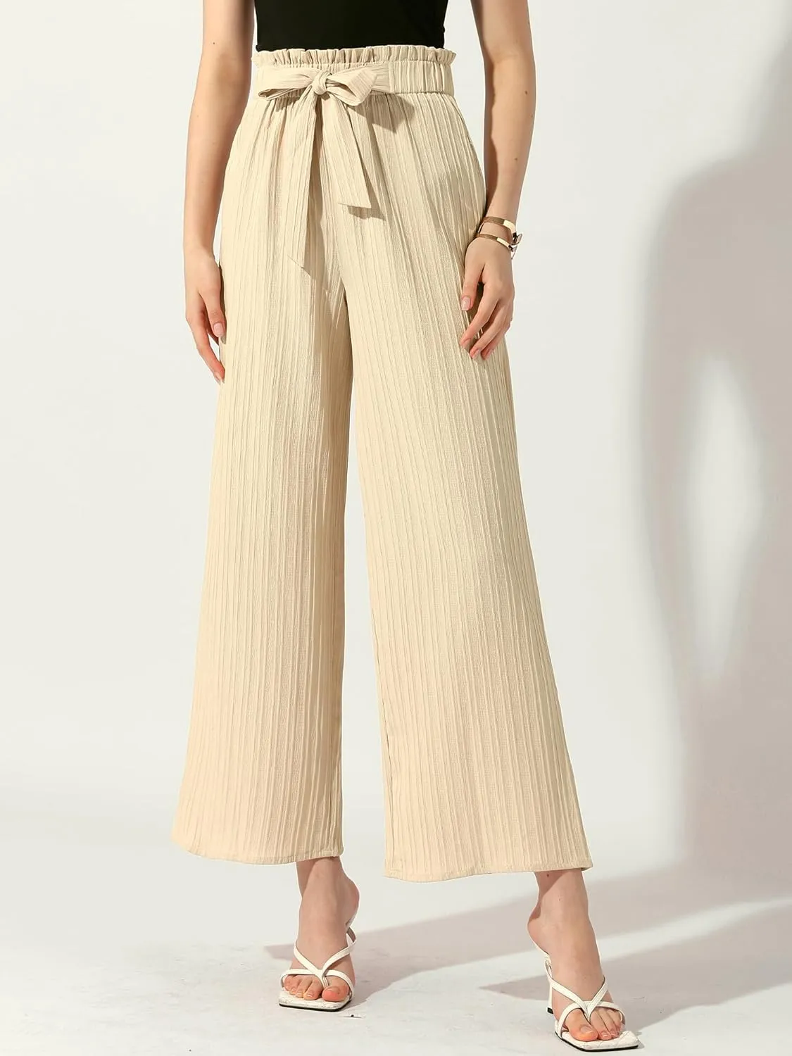 Allegra K Women's Casual Office Wide Leg Pants Elastic Waist Tie Knot Pleated Trouser with Pockets