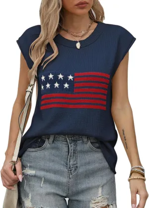 Alsol Lamesa Womens American Flag Cap Sleeve Sweater Vest Knit Lightweight Crew Neck Tank Top