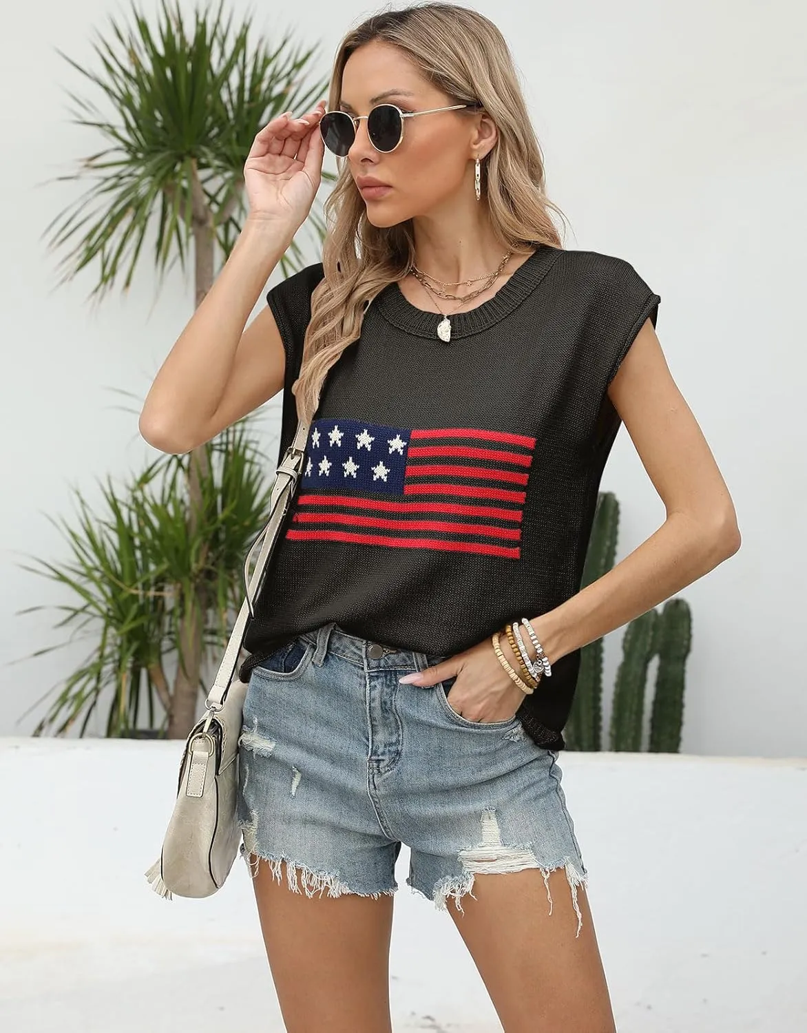 Alsol Lamesa Womens American Flag Cap Sleeve Sweater Vest Knit Lightweight Crew Neck Tank Top