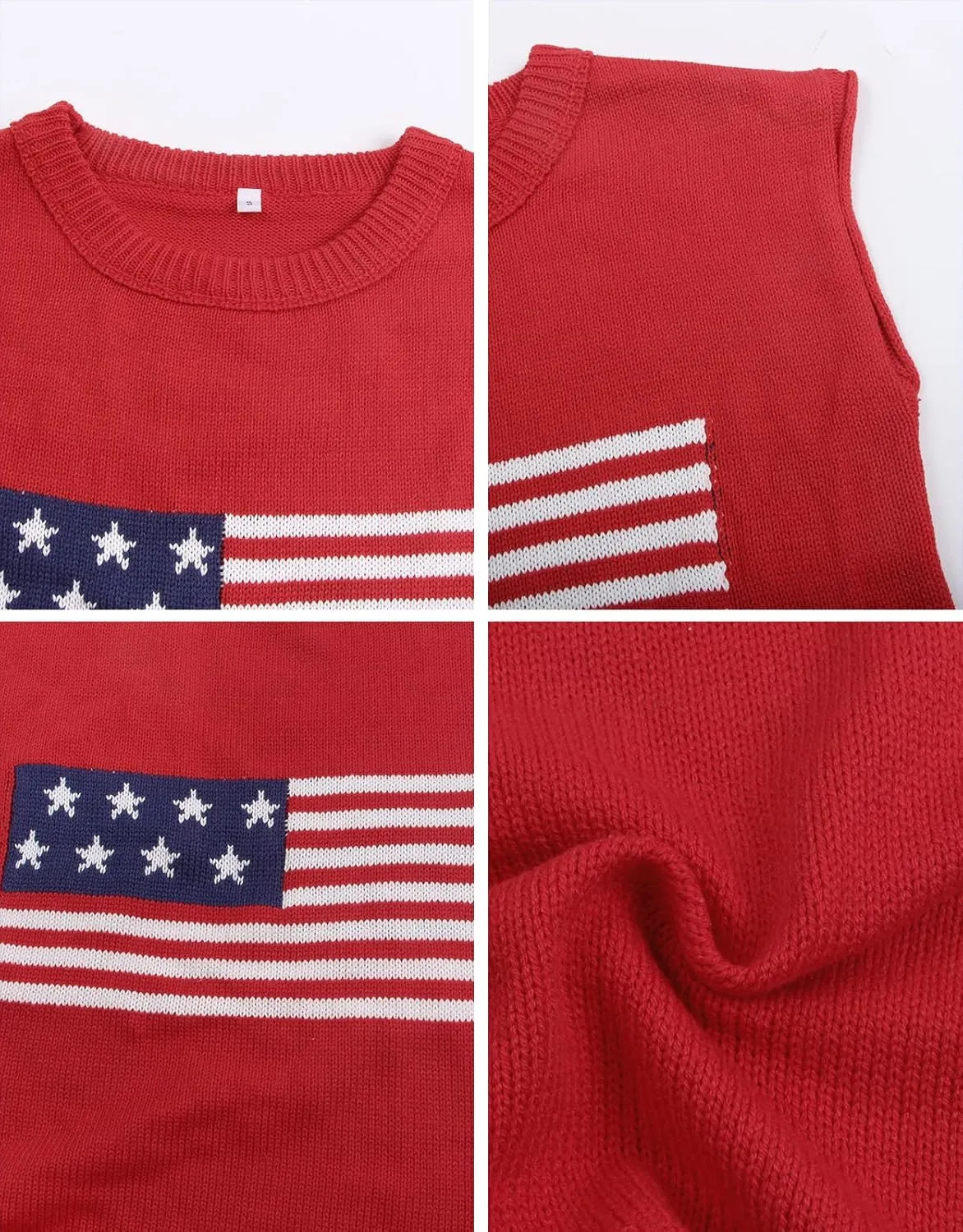 Alsol Lamesa Womens American Flag Cap Sleeve Sweater Vest Knit Lightweight Crew Neck Tank Top