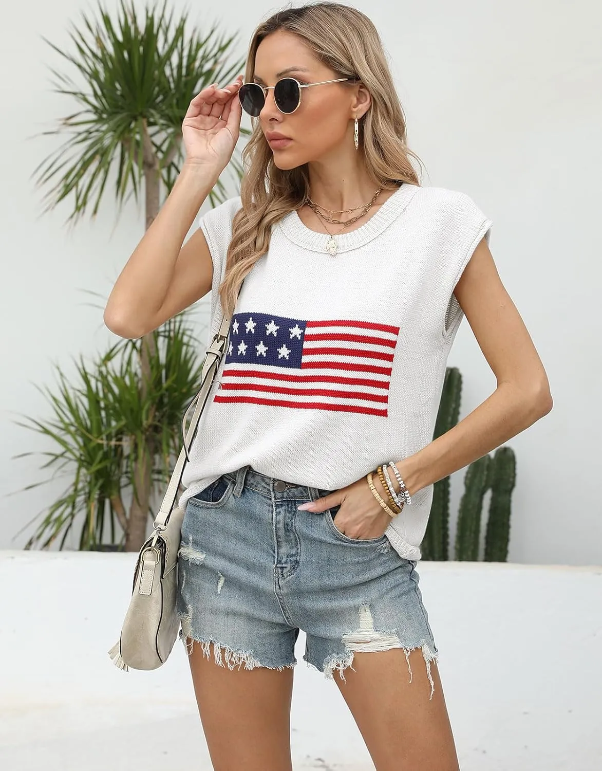 Alsol Lamesa Womens American Flag Cap Sleeve Sweater Vest Knit Lightweight Crew Neck Tank Top