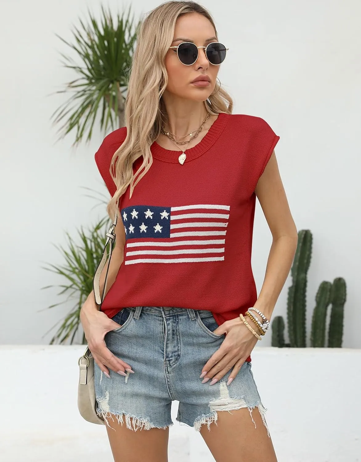 Alsol Lamesa Womens American Flag Cap Sleeve Sweater Vest Knit Lightweight Crew Neck Tank Top