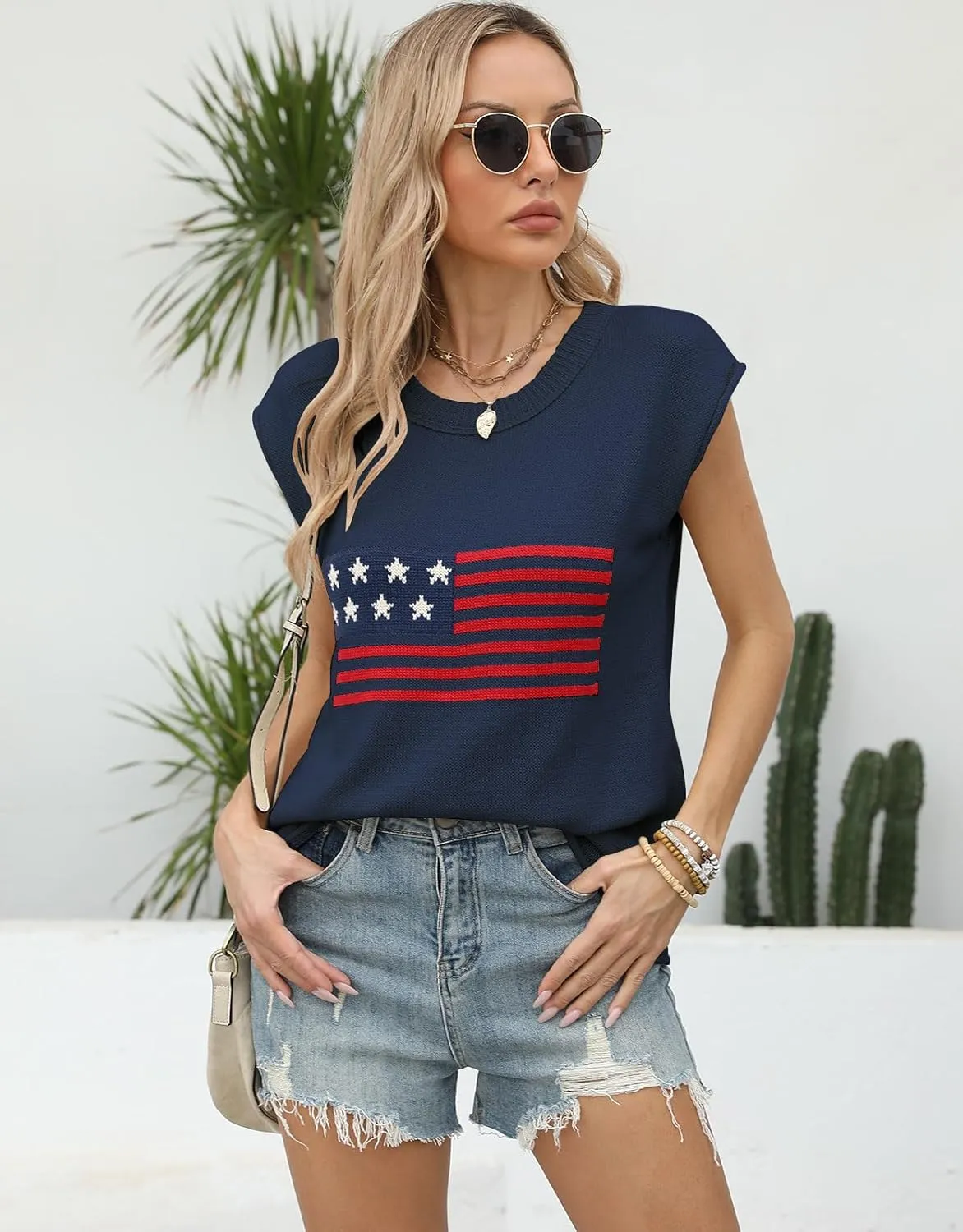 Alsol Lamesa Womens American Flag Cap Sleeve Sweater Vest Knit Lightweight Crew Neck Tank Top