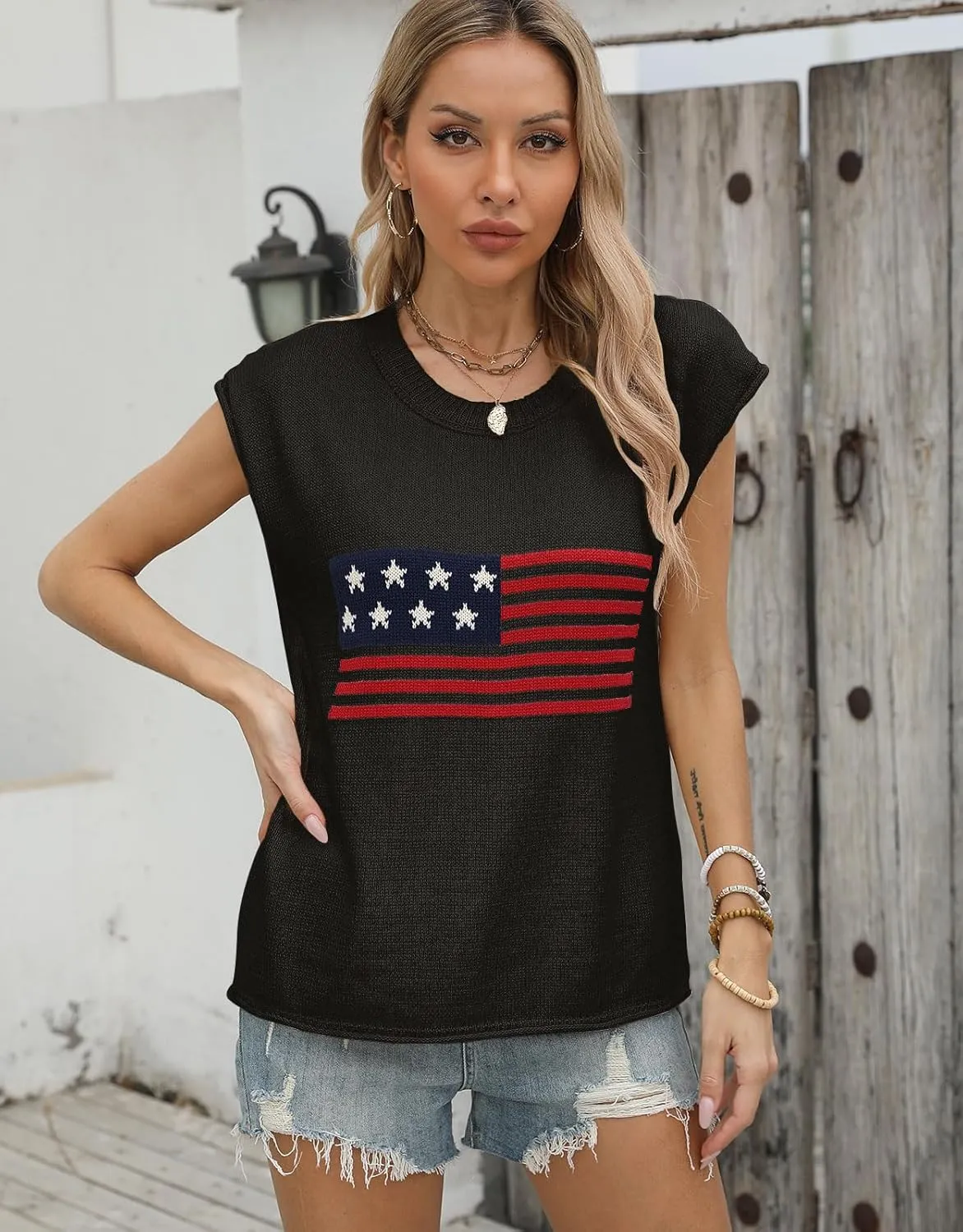 Alsol Lamesa Womens American Flag Cap Sleeve Sweater Vest Knit Lightweight Crew Neck Tank Top