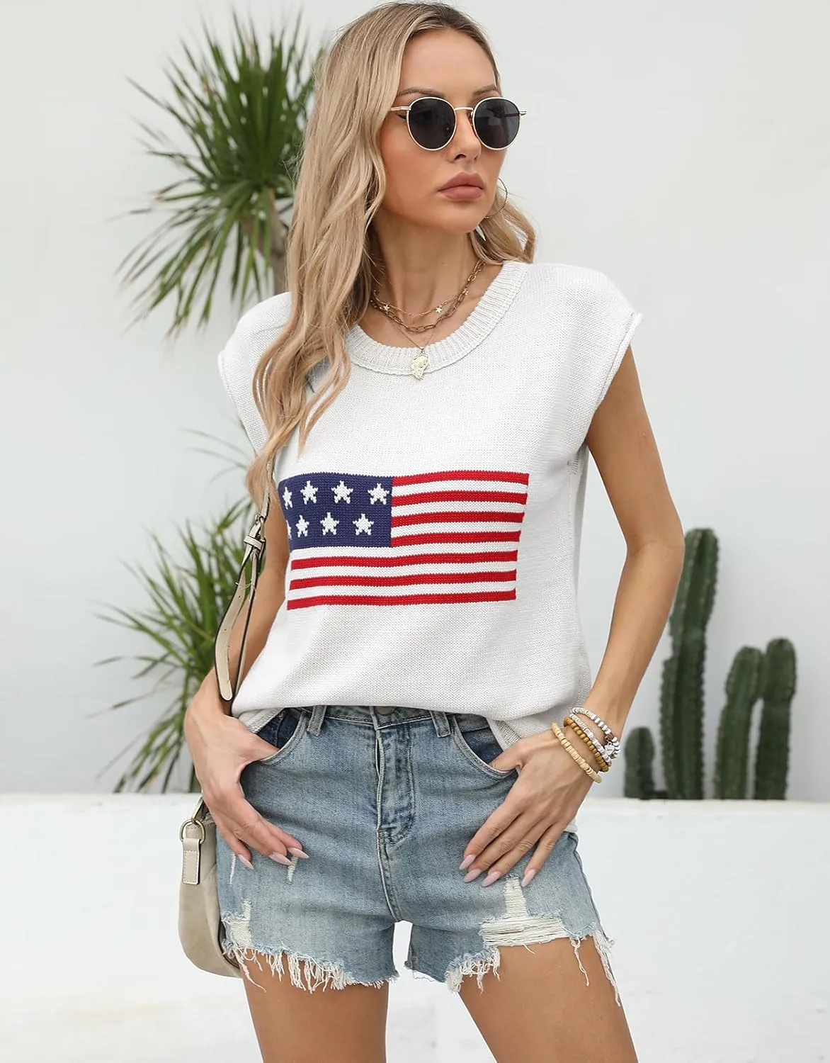 Alsol Lamesa Womens American Flag Cap Sleeve Sweater Vest Knit Lightweight Crew Neck Tank Top