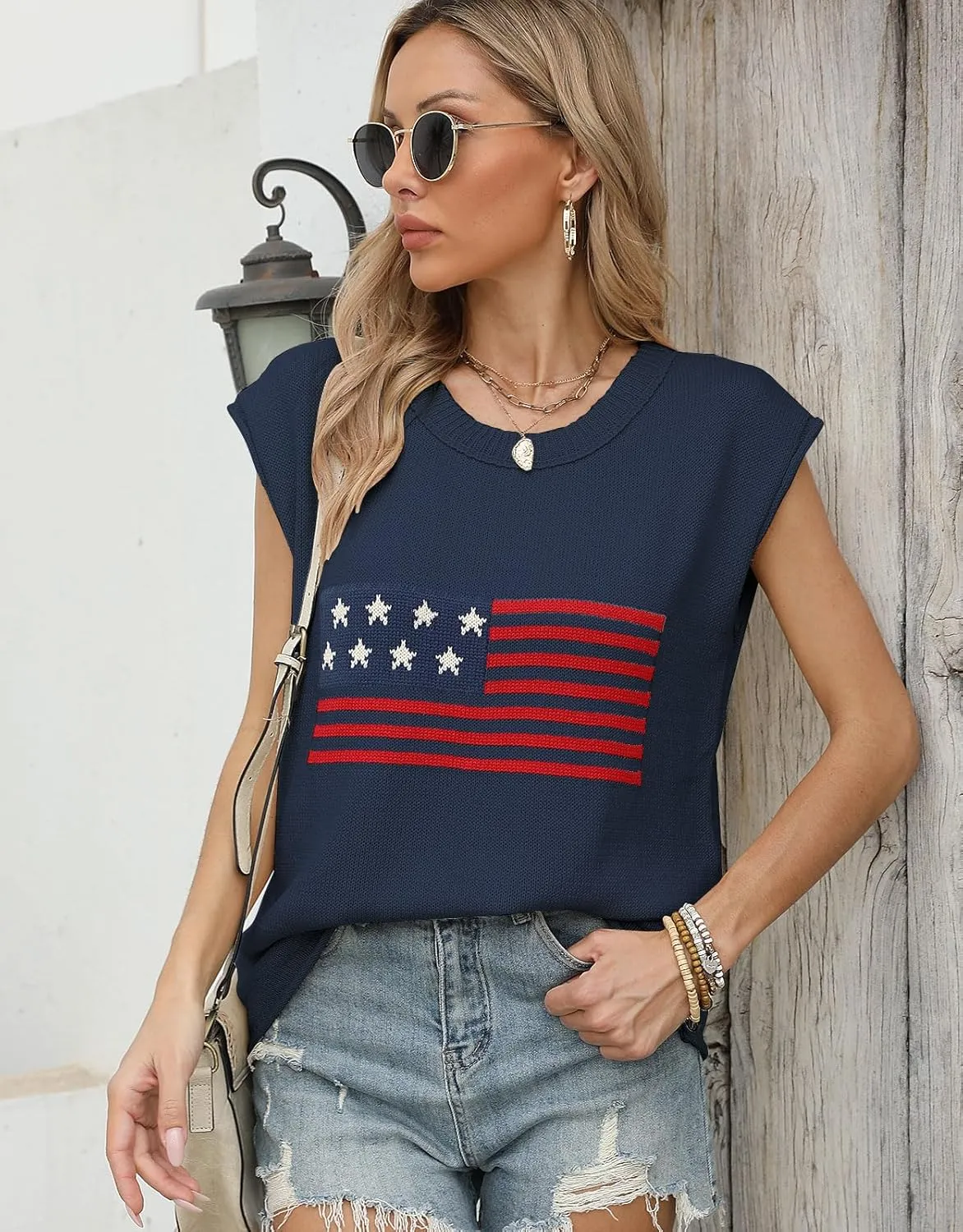 Alsol Lamesa Womens American Flag Cap Sleeve Sweater Vest Knit Lightweight Crew Neck Tank Top