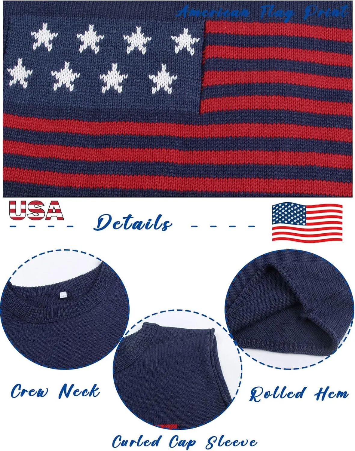 Alsol Lamesa Womens American Flag Cap Sleeve Sweater Vest Knit Lightweight Crew Neck Tank Top