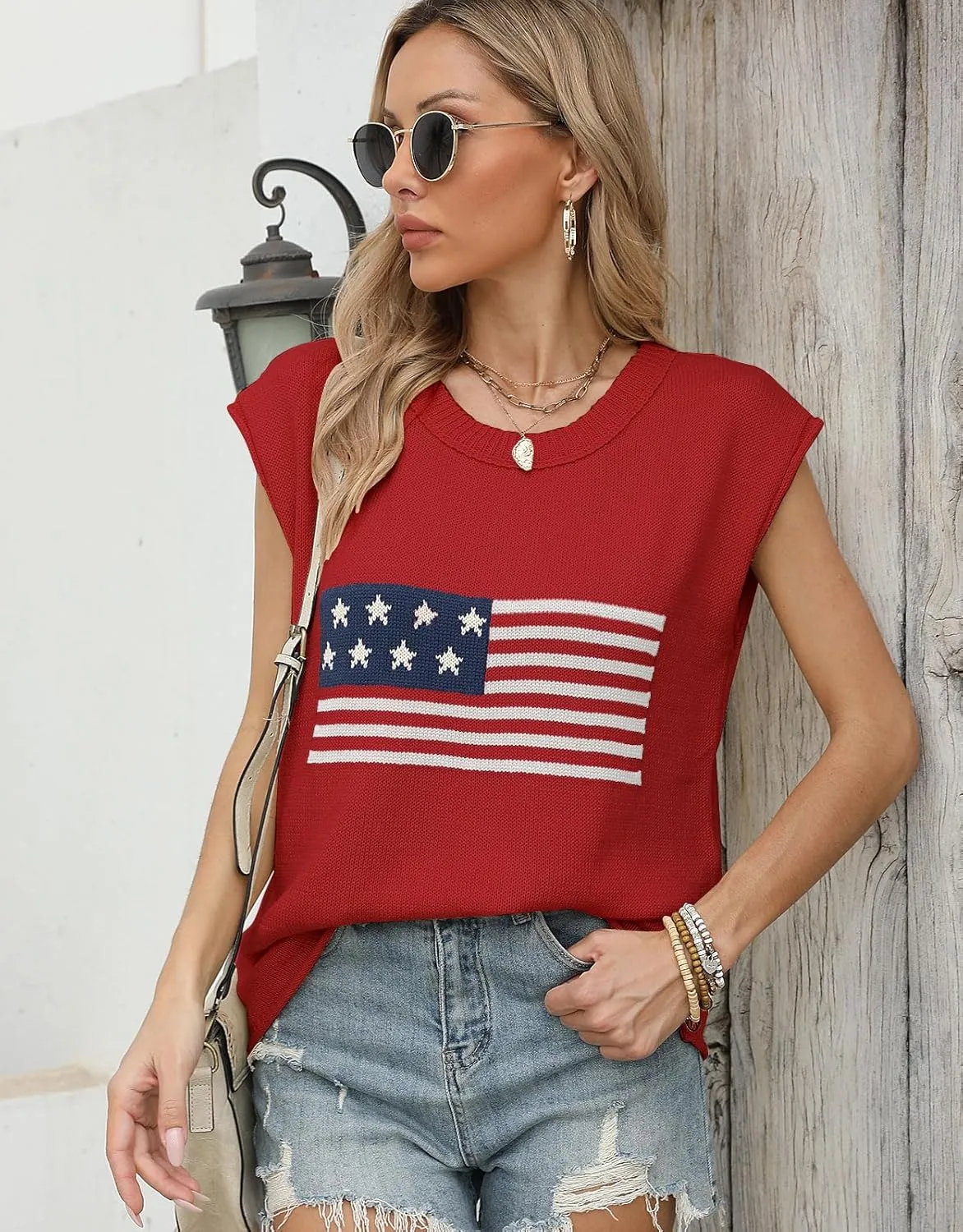 Alsol Lamesa Womens American Flag Cap Sleeve Sweater Vest Knit Lightweight Crew Neck Tank Top
