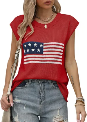 Alsol Lamesa Womens American Flag Cap Sleeve Sweater Vest Knit Lightweight Crew Neck Tank Top