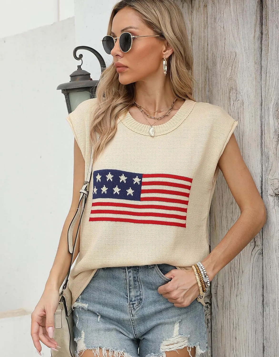 Alsol Lamesa Womens American Flag Cap Sleeve Sweater Vest Knit Lightweight Crew Neck Tank Top