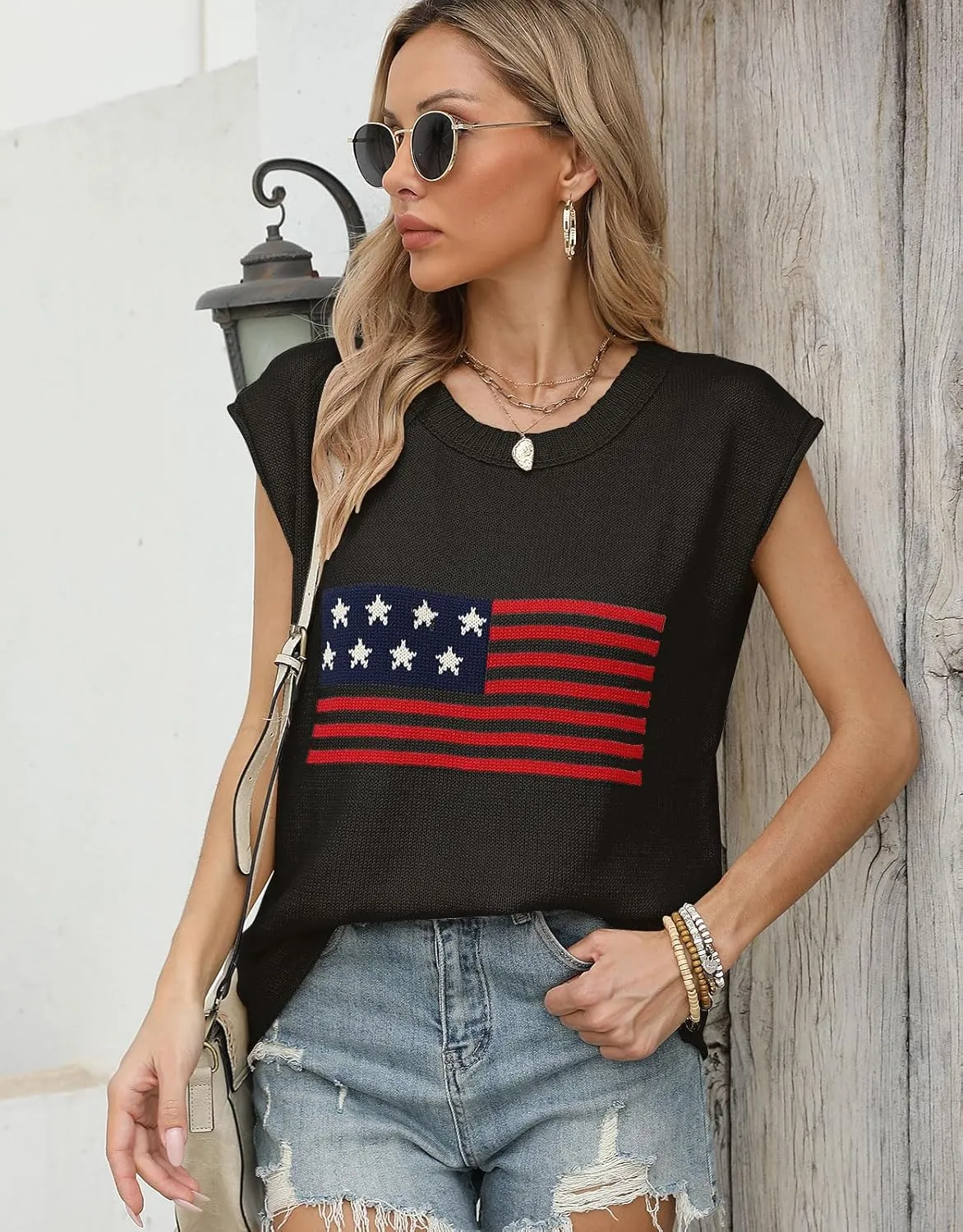 Alsol Lamesa Womens American Flag Cap Sleeve Sweater Vest Knit Lightweight Crew Neck Tank Top