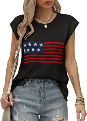 Alsol Lamesa Womens American Flag Cap Sleeve Sweater Vest Knit Lightweight Crew Neck Tank Top