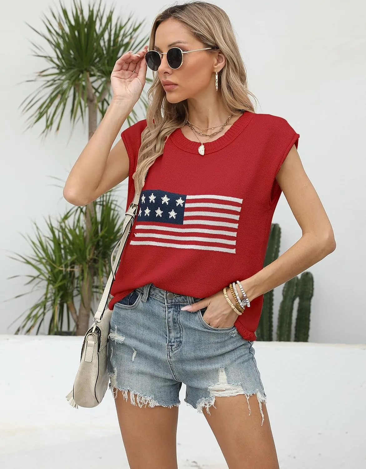 Alsol Lamesa Womens American Flag Cap Sleeve Sweater Vest Knit Lightweight Crew Neck Tank Top