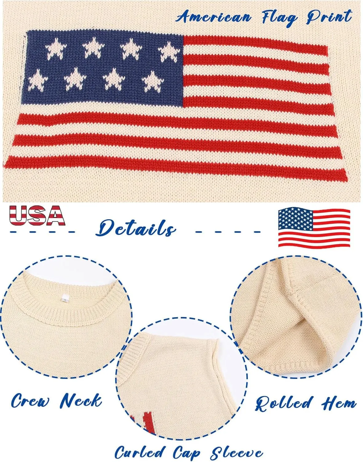 Alsol Lamesa Womens American Flag Cap Sleeve Sweater Vest Knit Lightweight Crew Neck Tank Top