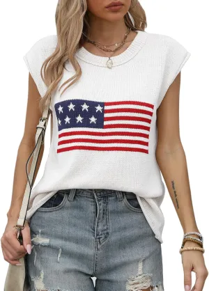 Alsol Lamesa Womens American Flag Cap Sleeve Sweater Vest Knit Lightweight Crew Neck Tank Top