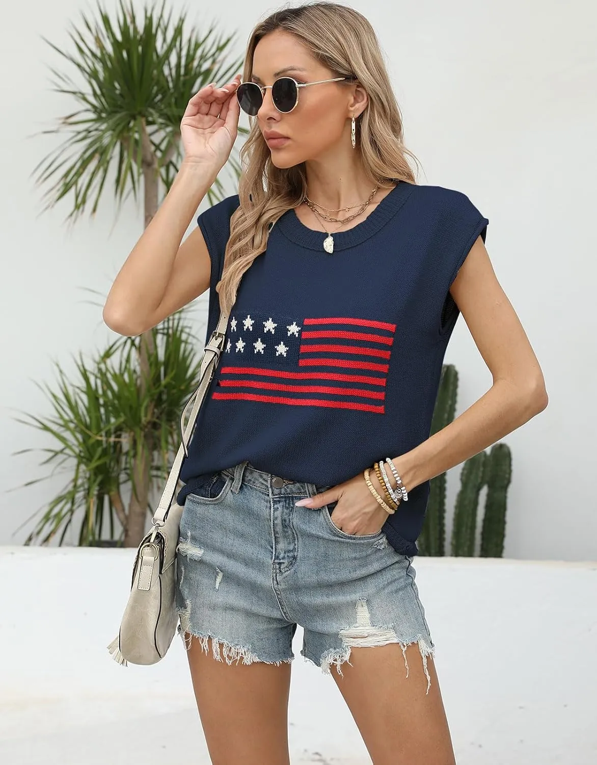 Alsol Lamesa Womens American Flag Cap Sleeve Sweater Vest Knit Lightweight Crew Neck Tank Top