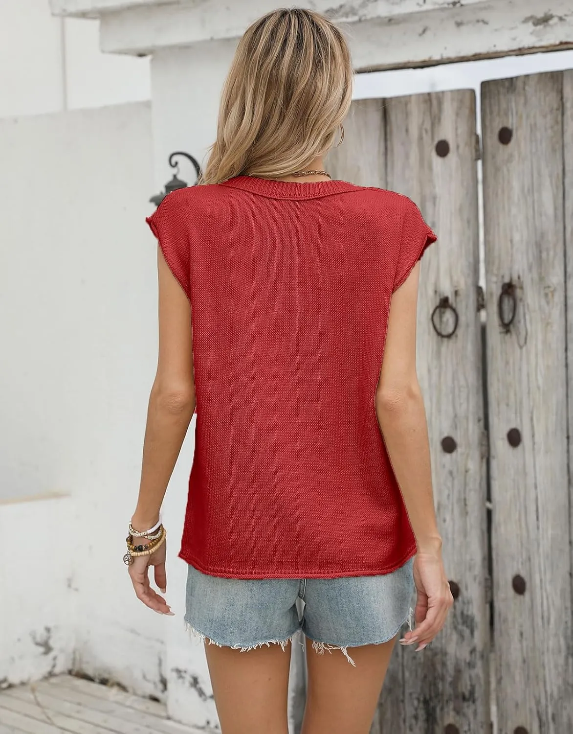 Alsol Lamesa Womens American Flag Cap Sleeve Sweater Vest Knit Lightweight Crew Neck Tank Top