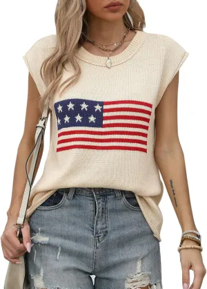 Alsol Lamesa Womens American Flag Cap Sleeve Sweater Vest Knit Lightweight Crew Neck Tank Top