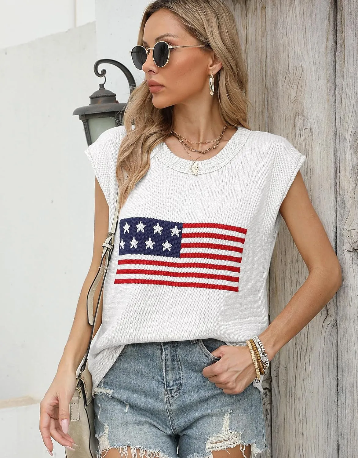 Alsol Lamesa Womens American Flag Cap Sleeve Sweater Vest Knit Lightweight Crew Neck Tank Top