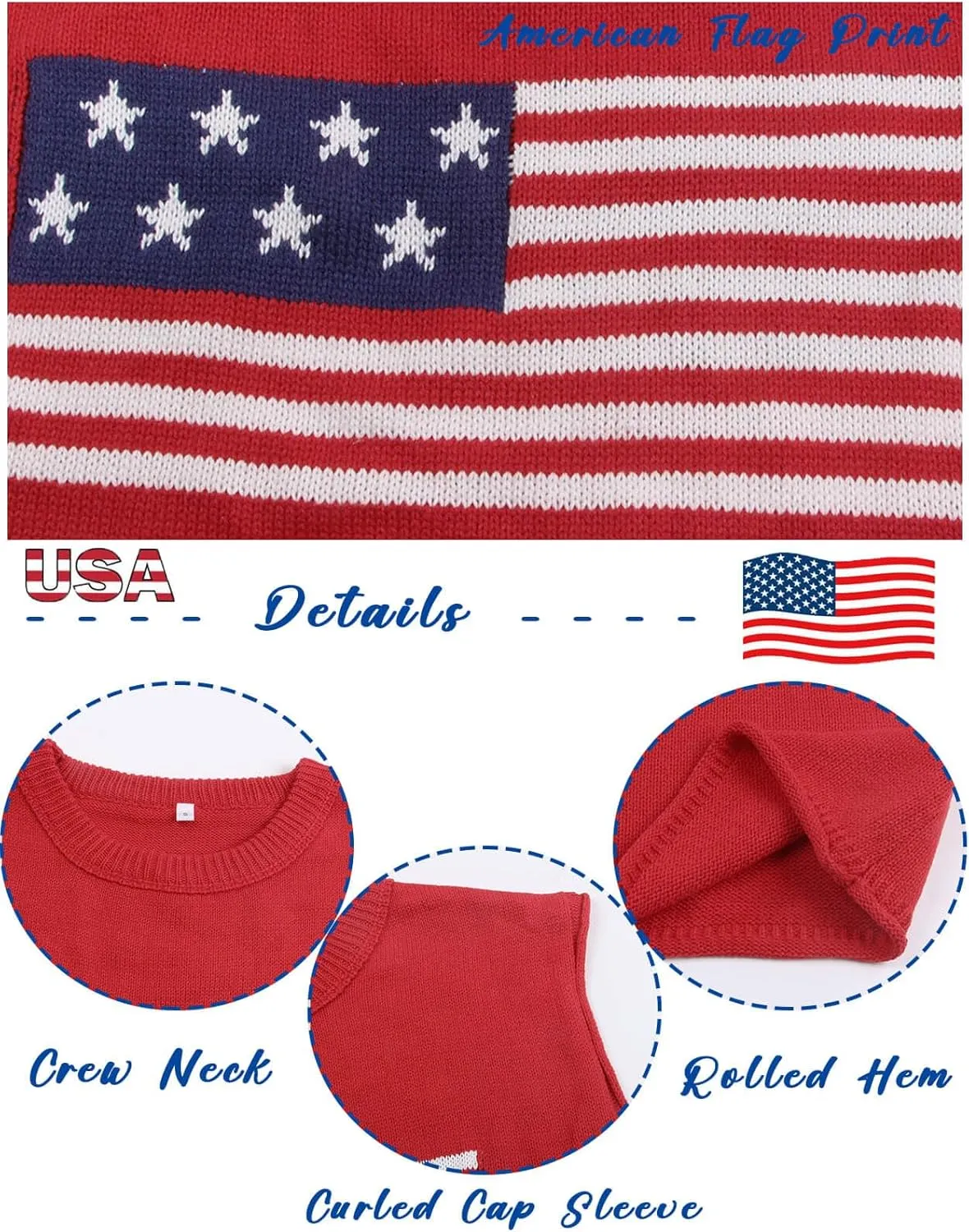 Alsol Lamesa Womens American Flag Cap Sleeve Sweater Vest Knit Lightweight Crew Neck Tank Top