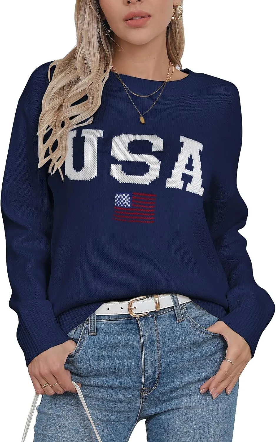 Alsol Lamesa Womens American Flag Graphic Sweater Patriotic Long Sleeve Pullover Sweaters Crew Neck Knit Tops