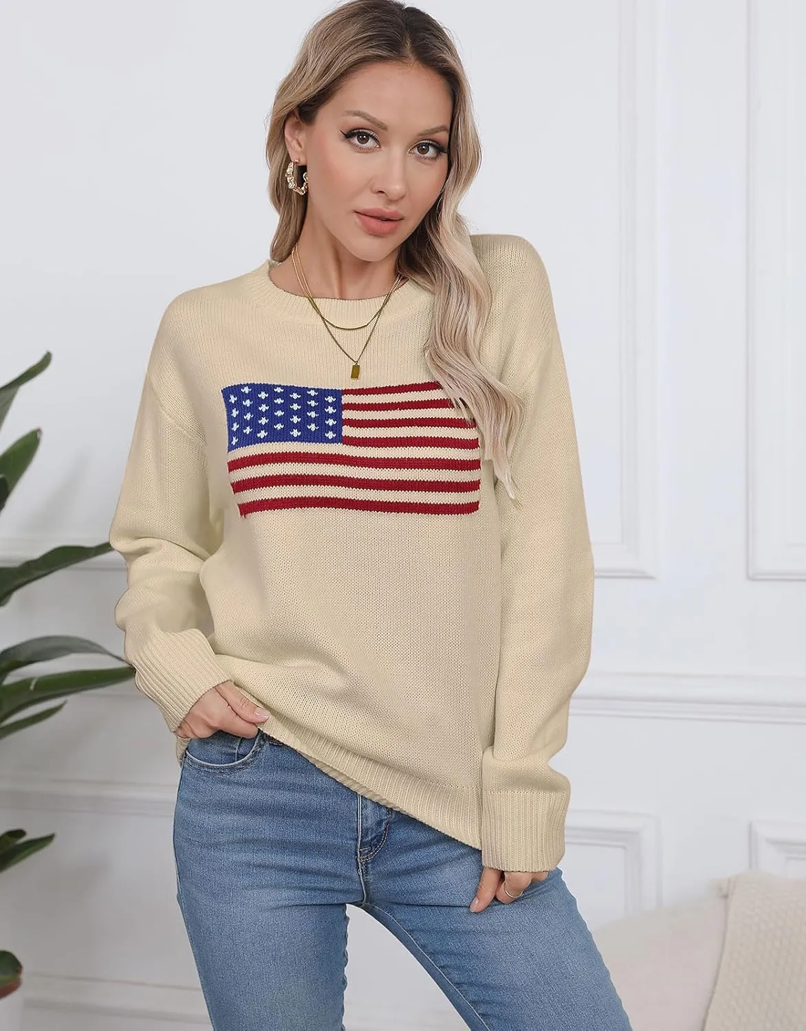 Alsol Lamesa Womens American Flag Graphic Sweater Patriotic Long Sleeve Pullover Sweaters Crew Neck Knit Tops