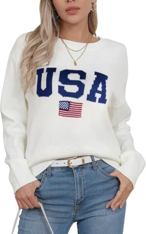 Alsol Lamesa Womens American Flag Graphic Sweater Patriotic Long Sleeve Pullover Sweaters Crew Neck Knit Tops