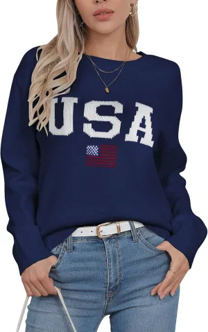 Alsol Lamesa Womens American Flag Graphic Sweater Patriotic Long Sleeve Pullover Sweaters Crew Neck Knit Tops
