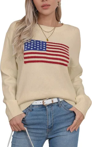 Alsol Lamesa Womens American Flag Graphic Sweater Patriotic Long Sleeve Pullover Sweaters Crew Neck Knit Tops