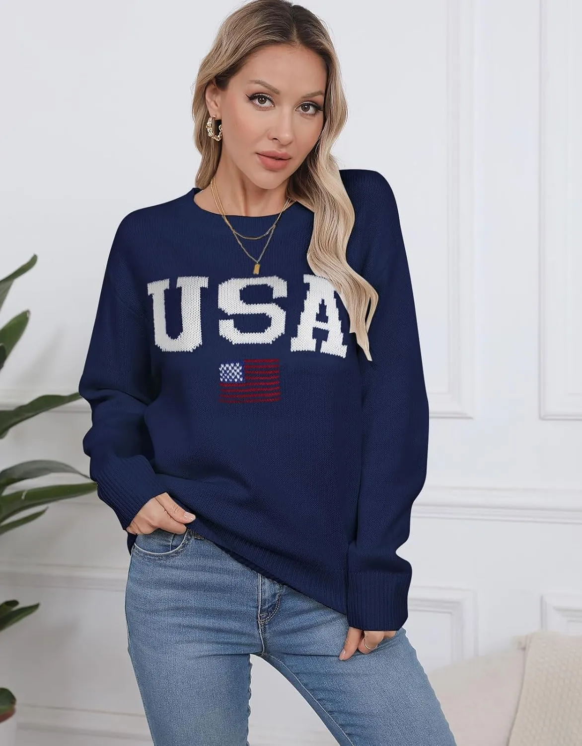 Alsol Lamesa Womens American Flag Graphic Sweater Patriotic Long Sleeve Pullover Sweaters Crew Neck Knit Tops
