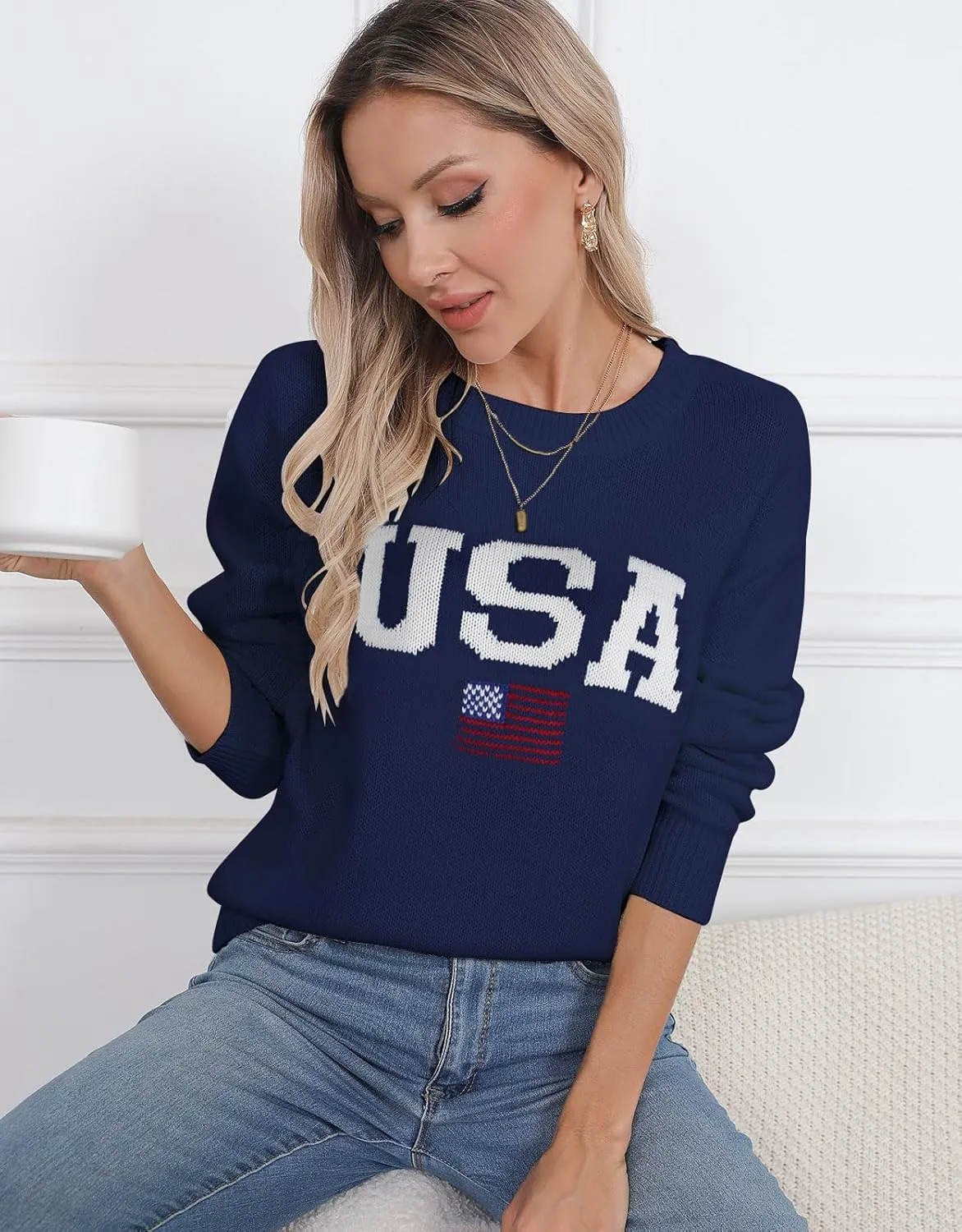 Alsol Lamesa Womens American Flag Graphic Sweater Patriotic Long Sleeve Pullover Sweaters Crew Neck Knit Tops