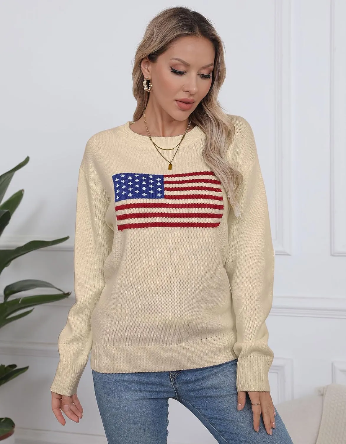 Alsol Lamesa Womens American Flag Graphic Sweater Patriotic Long Sleeve Pullover Sweaters Crew Neck Knit Tops
