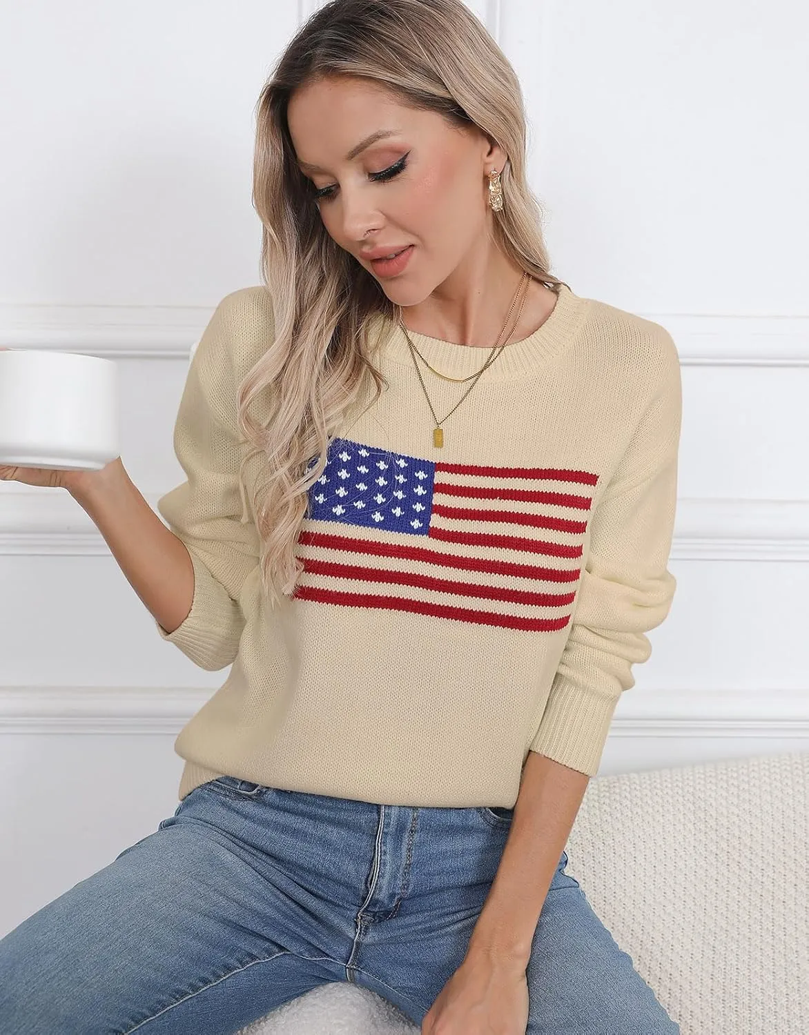 Alsol Lamesa Womens American Flag Graphic Sweater Patriotic Long Sleeve Pullover Sweaters Crew Neck Knit Tops