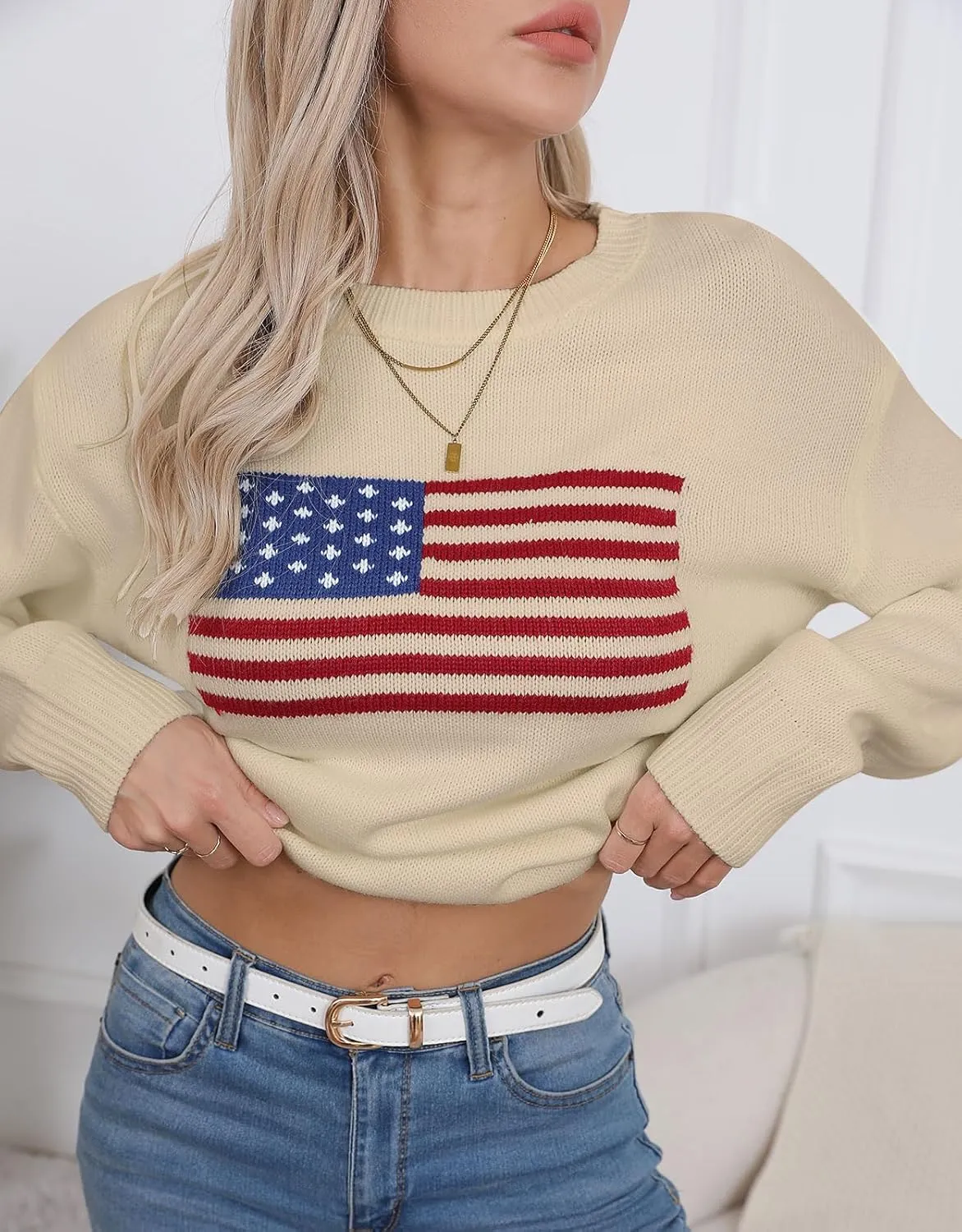 Alsol Lamesa Womens American Flag Graphic Sweater Patriotic Long Sleeve Pullover Sweaters Crew Neck Knit Tops