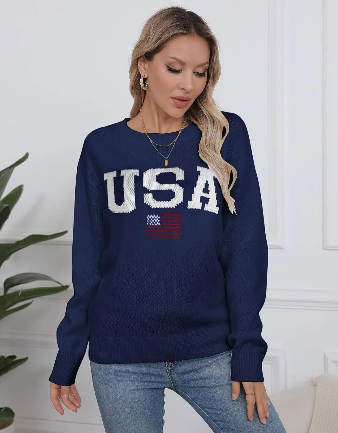 Alsol Lamesa Womens American Flag Graphic Sweater Patriotic Long Sleeve Pullover Sweaters Crew Neck Knit Tops