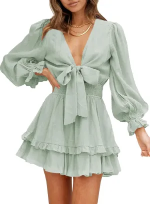 AlvaQ Womens Dresses Spring Summer Knot Front V Neck Ruffles Long Sleeve Floral Print Swing Mini Dress