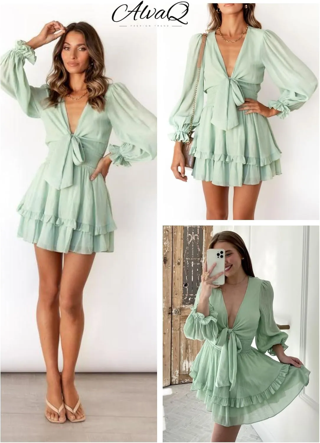 AlvaQ Womens Dresses Spring Summer Knot Front V Neck Ruffles Long Sleeve Floral Print Swing Mini Dress