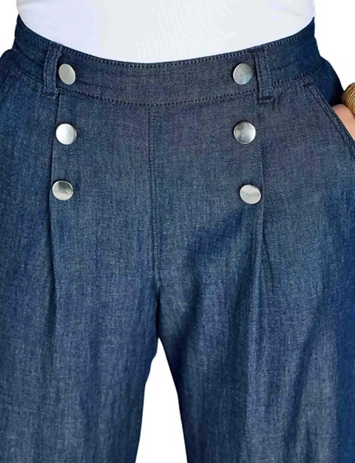Amber Ladies Pull On Denim Pants Stylish Button Detailing Wide Leg