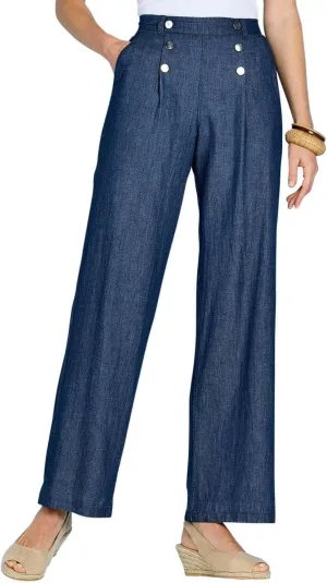 Amber Ladies Pull On Denim Pants Stylish Button Detailing Wide Leg