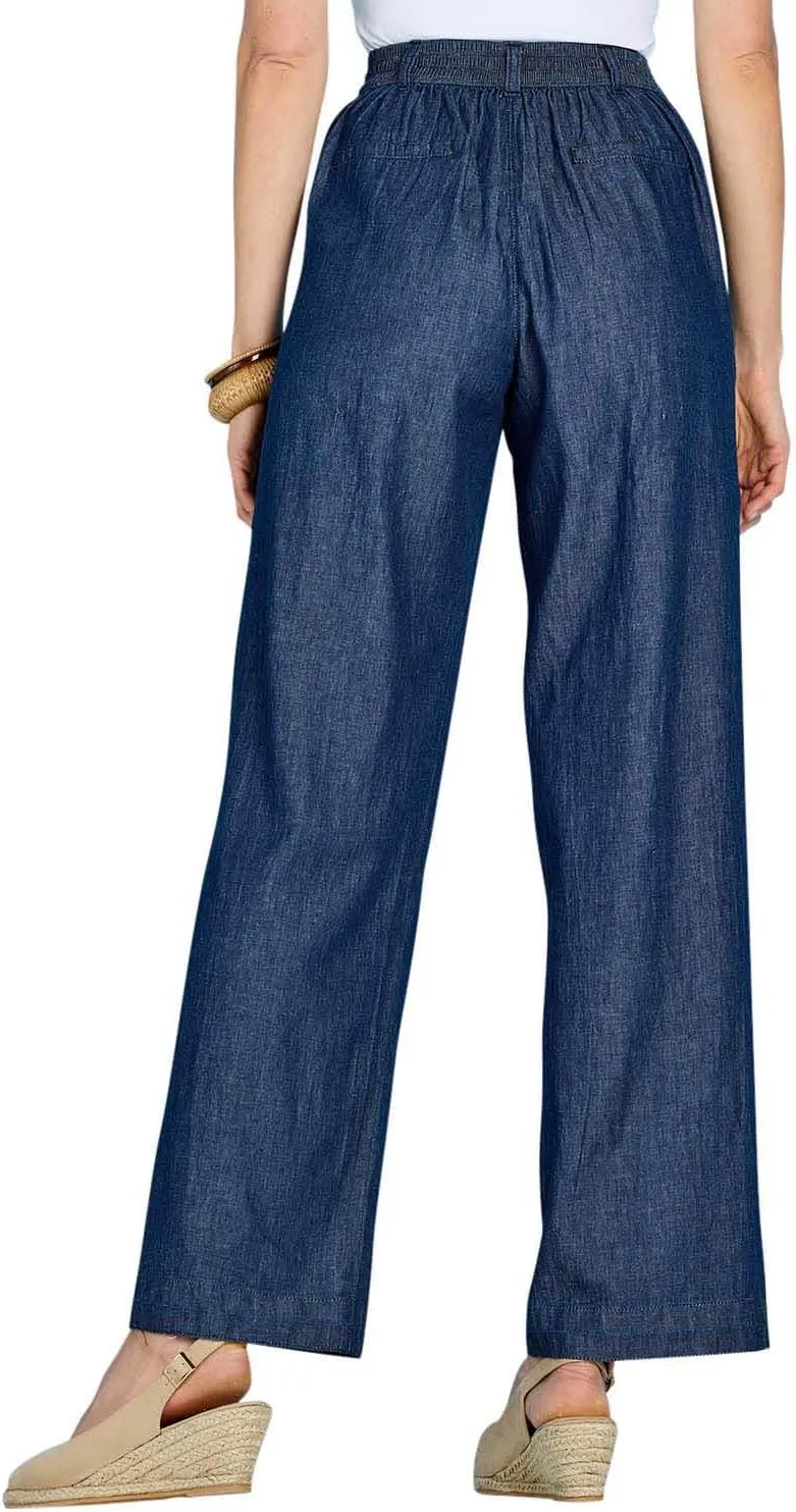 Amber Ladies Pull On Denim Pants Stylish Button Detailing Wide Leg