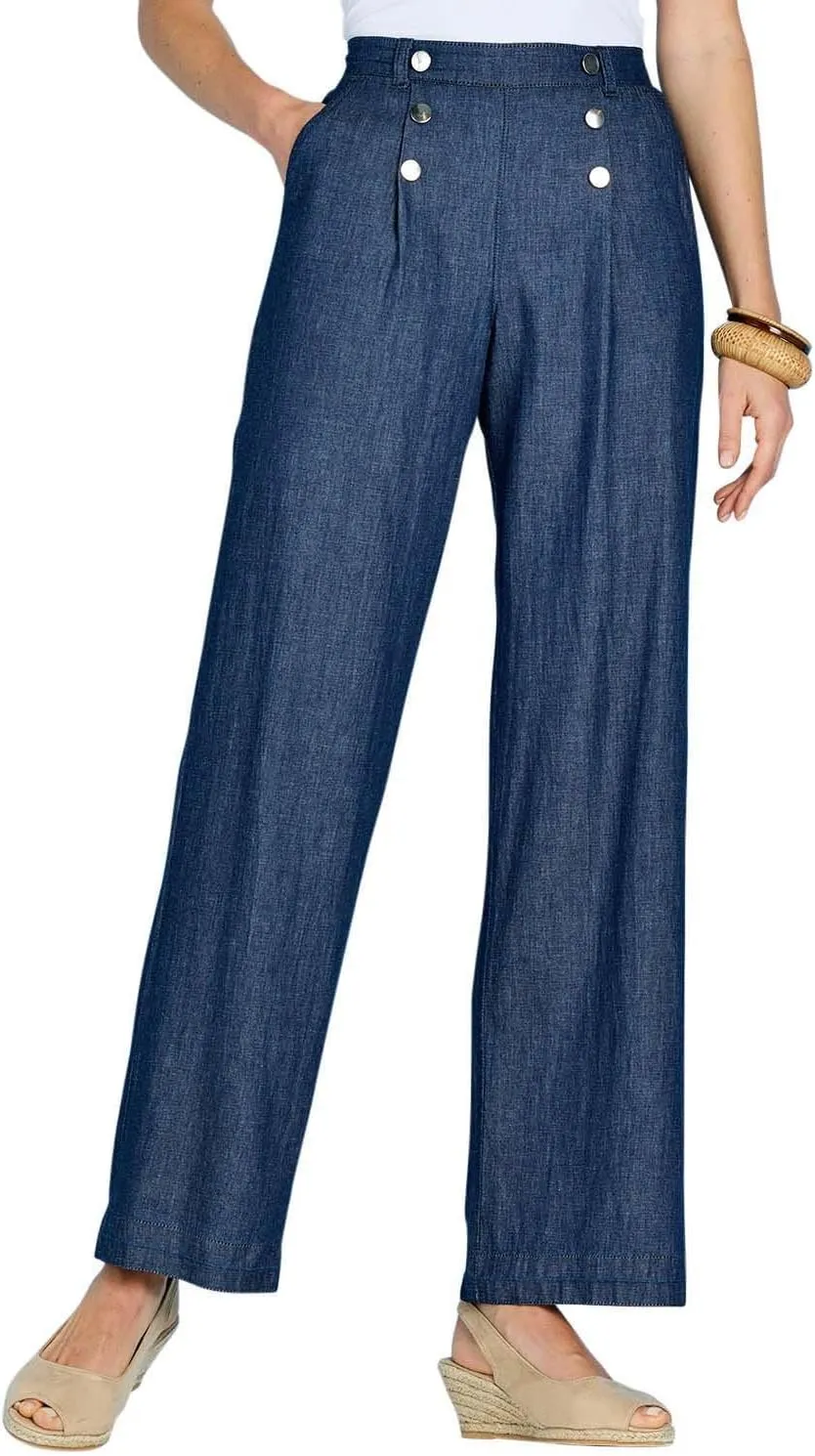Amber Ladies Pull On Denim Pants Stylish Button Detailing Wide Leg