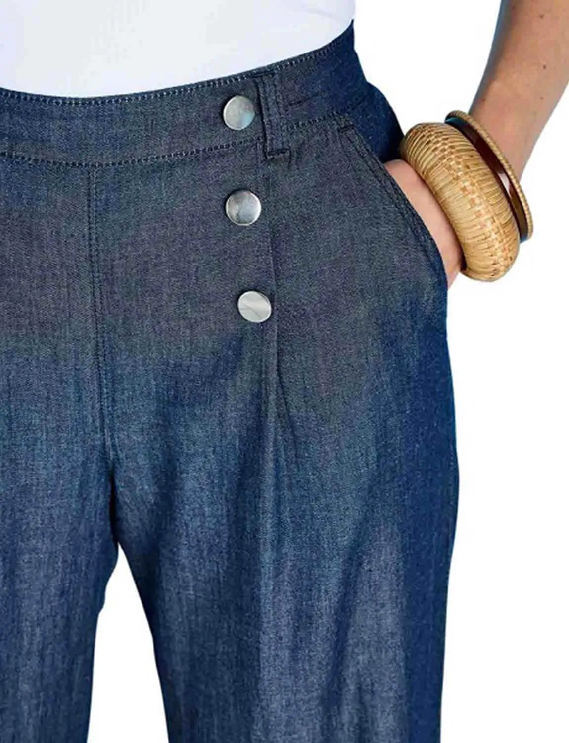 Amber Ladies Pull On Denim Pants Stylish Button Detailing Wide Leg