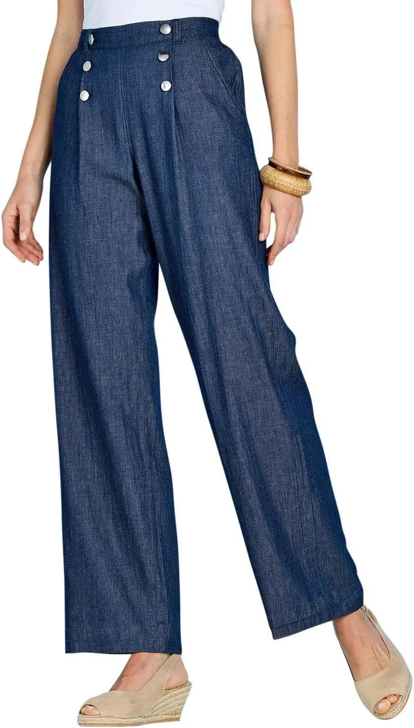 Amber Ladies Pull On Denim Pants Stylish Button Detailing Wide Leg