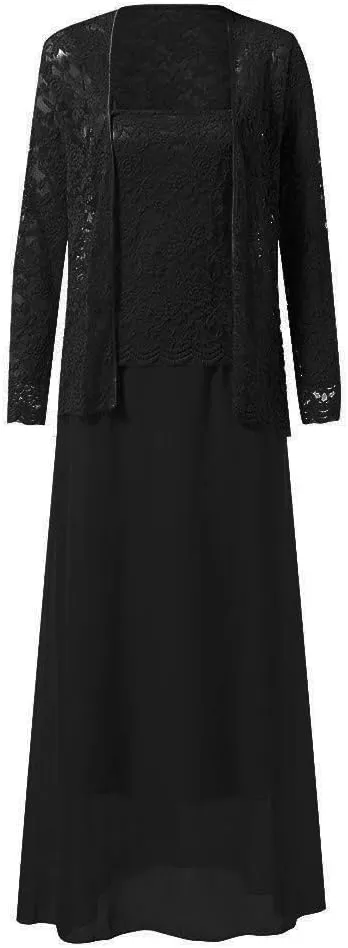 Aniywn Women Plus Size Two Piece Long Sleeve Party Dress Lace Solid Color Elegant Long Maxi Dress Mini Dress
