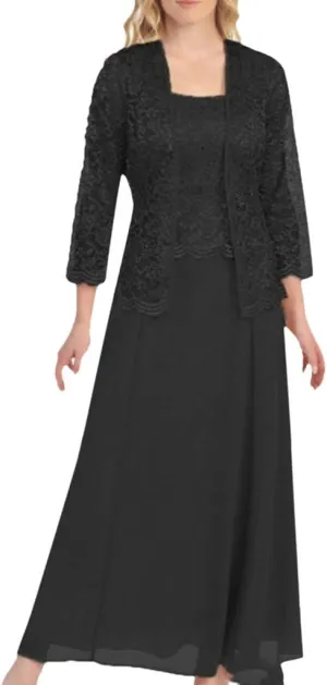 Aniywn Women Plus Size Two Piece Long Sleeve Party Dress Lace Solid Color Elegant Long Maxi Dress Mini Dress