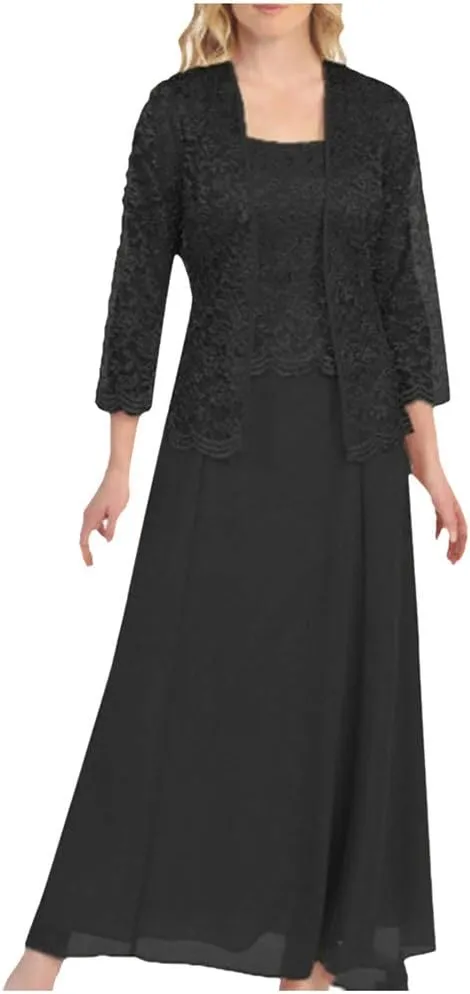 Aniywn Women Plus Size Two Piece Long Sleeve Party Dress Lace Solid Color Elegant Long Maxi Dress Mini Dress