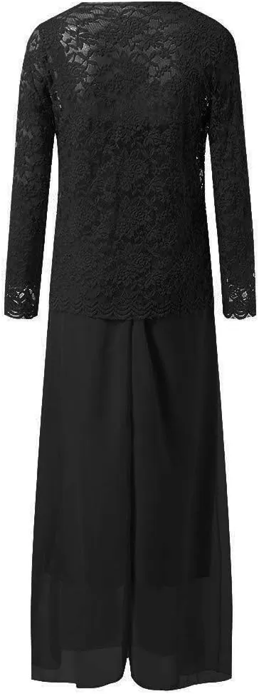 Aniywn Women Plus Size Two Piece Long Sleeve Party Dress Lace Solid Color Elegant Long Maxi Dress Mini Dress